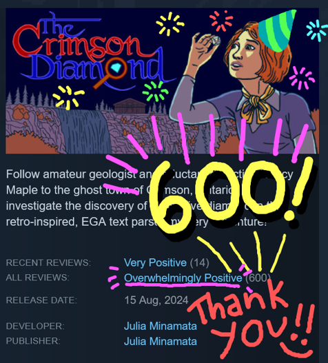 The Crimson Diamond key art, with 600 reviews goal reached!