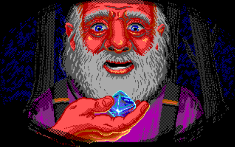 Screenshot of The Crimson Diamond intro sequence, showing a man holding up a big diamond