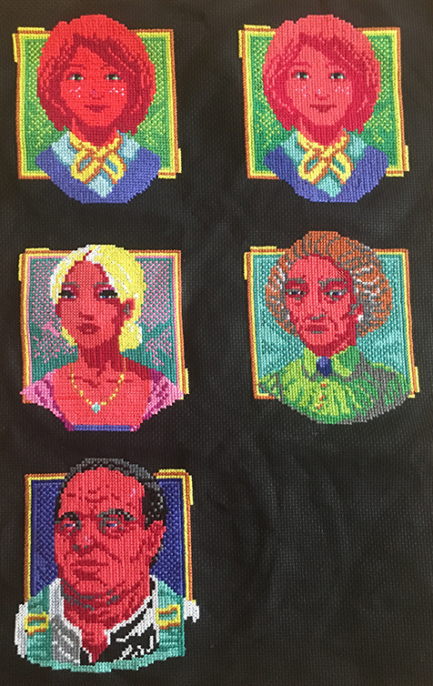 Cross stitched characters