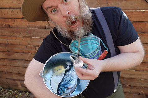 Bucket t-shirt with real bucket and not-real fish!