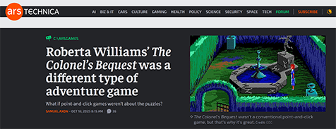 Ars Technica mentions The Crimson Diamond in an article about The Colonel's Bequest