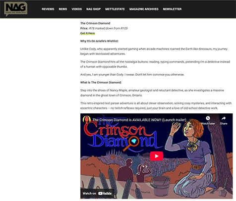 NAG website article on The Crimson Diamond